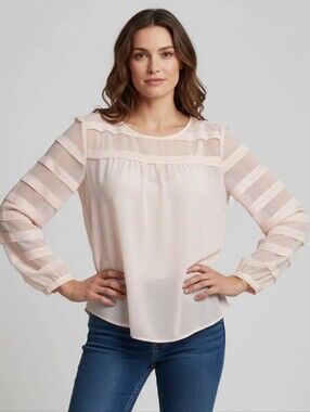 LOFT Sheer Stripe Sleeve Blouse in Blush